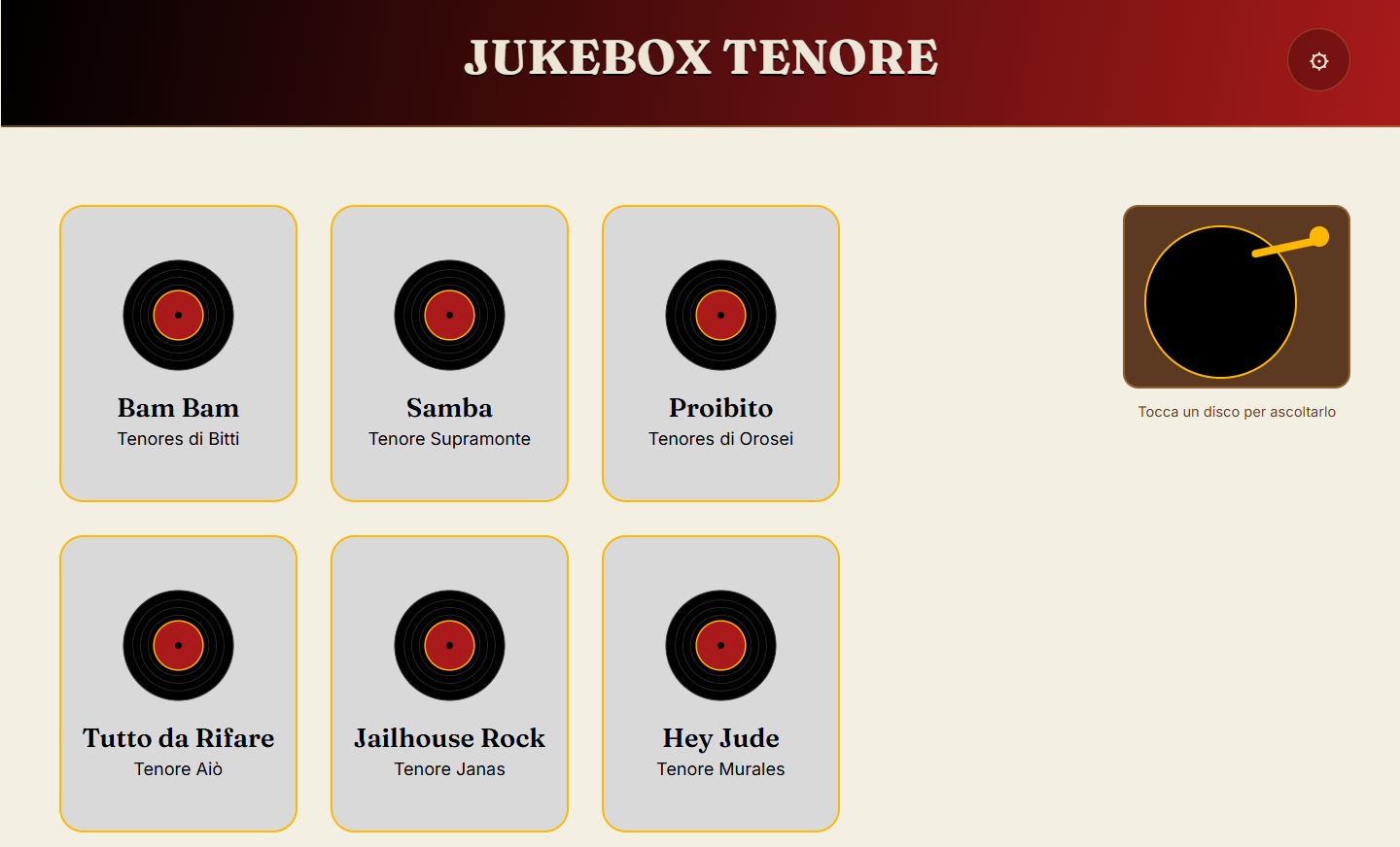 Schermata del Jukebox Tenore: una griglia di dischi da toccare per ascoltare i canti